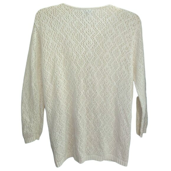 Vintage Chic Crochet Cardigan Sweater 100% Cotton Knit V-neck - Picture 2 of 5